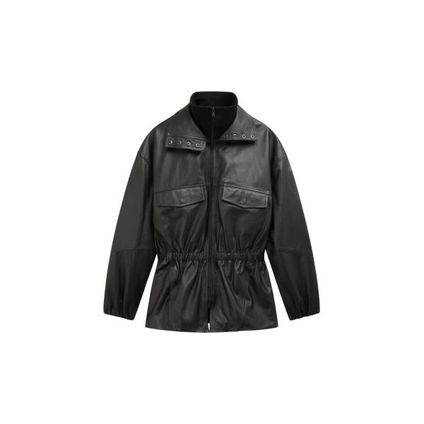 The Frankie Shop Carnaby Funnel Neck Leather Jacket - Black - Oversized Minimalist Jackets in Black - Shop at Coveti