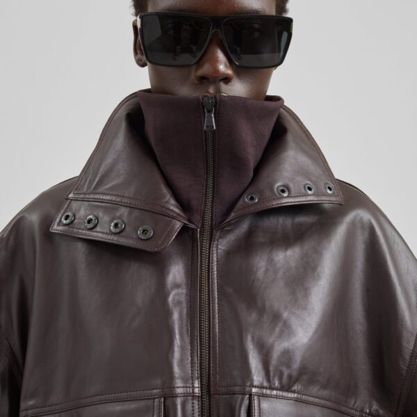 The Frankie Shop Carnaby Funnel Neck Leather Jacket - Dark Plum - Oversized Minimalist Jackets in Purple - Shop at Coveti