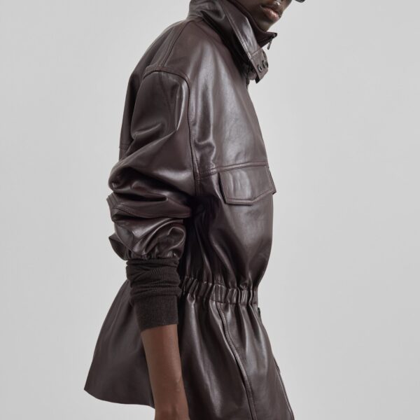 The Frankie Shop Carnaby Funnel Neck Leather Jacket - Dark Plum - Oversized Minimalist Jackets in Purple - Shop at Coveti