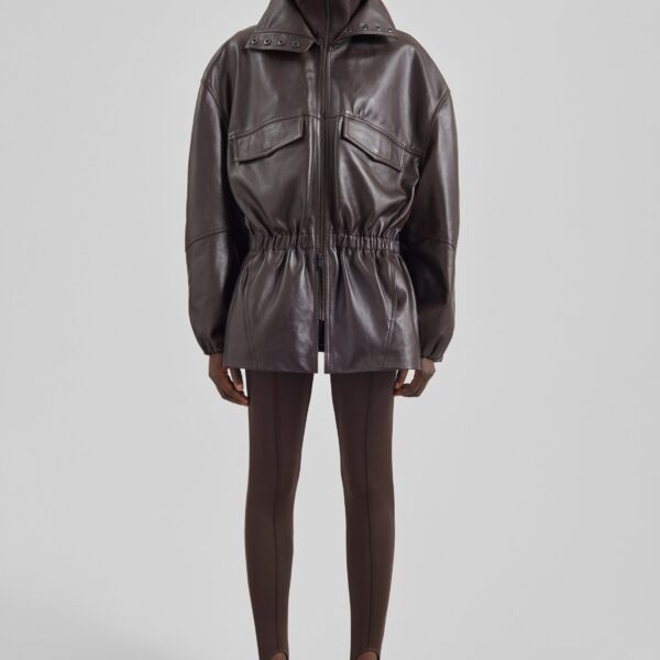 The Frankie Shop Carnaby Funnel Neck Leather Jacket - Dark Plum - Oversized Minimalist Jackets in Purple - Shop at Coveti