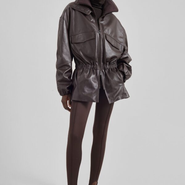The Frankie Shop Carnaby Funnel Neck Leather Jacket - Dark Plum - Oversized Minimalist Jackets in Purple - Shop at Coveti