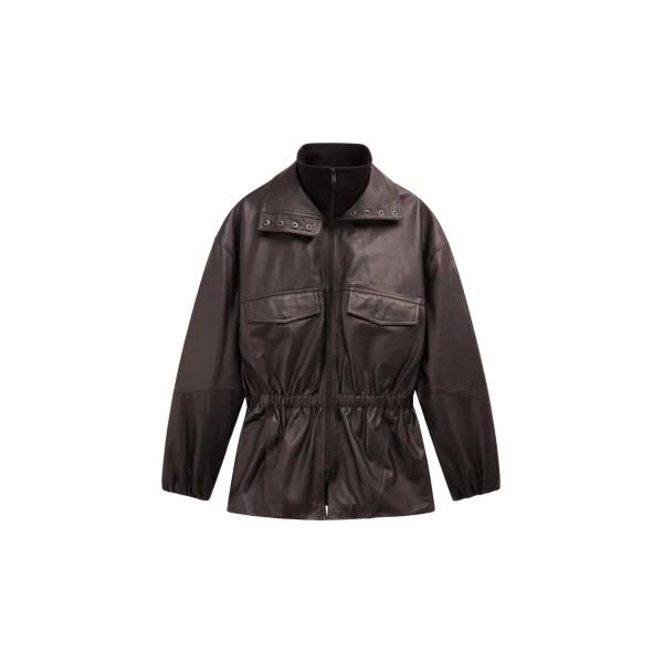 The Frankie Shop Carnaby Funnel Neck Leather Jacket - Dark Plum - Oversized Minimalist Jackets in Purple - Shop at Coveti