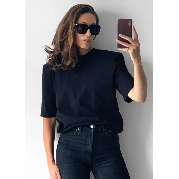 The Frankie Shop Carrington Padded Shoulder Tee – Black Top, view 4