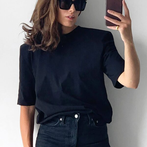 The Frankie Shop Carrington Padded Shoulder Tee - Black - Oversized Minimalist Tops in Black - Shop at Coveti