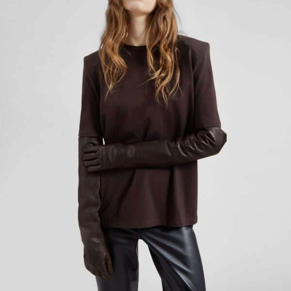 The Frankie Shop Carrington Padded Shoulder Tee - Brown - Oversized Minimalist Tops in Beige - Shop at Coveti