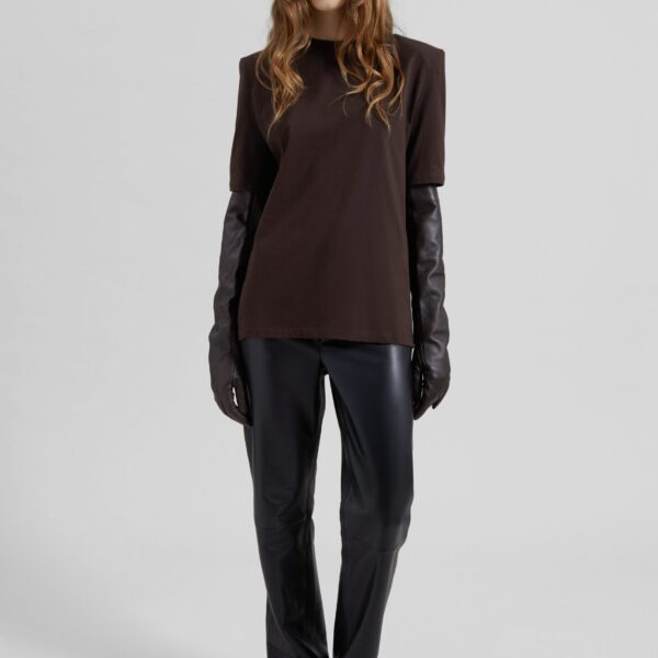 The Frankie Shop Carrington Padded Shoulder Tee - Brown - Oversized Minimalist Tops in Beige - Shop at Coveti