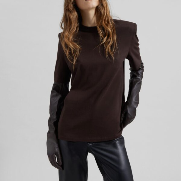 The Frankie Shop Carrington Padded Shoulder Tee - Brown - Oversized Minimalist Tops in Beige - Shop at Coveti