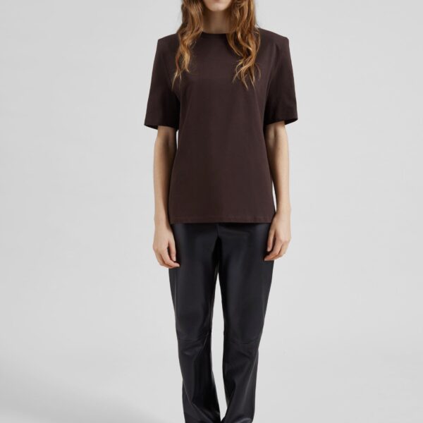 The Frankie Shop Carrington Padded Shoulder Tee - Brown - Oversized Minimalist Tops in Beige - Shop at Coveti