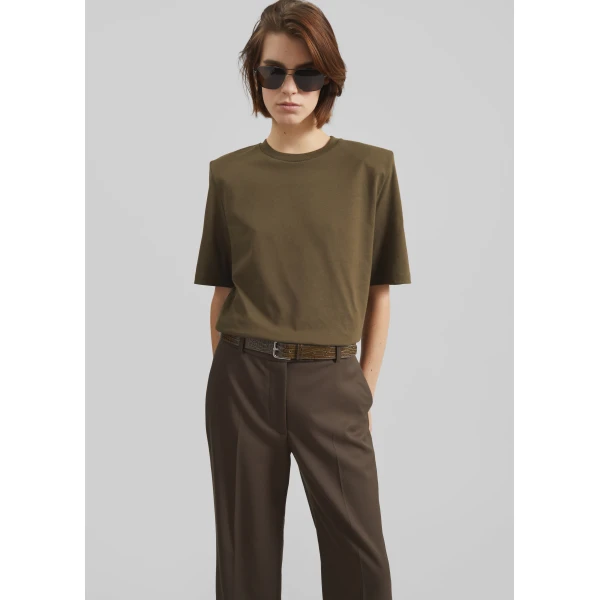 The Frankie Shop Carrington Padded Shoulder Tee – Olive Top, view 2