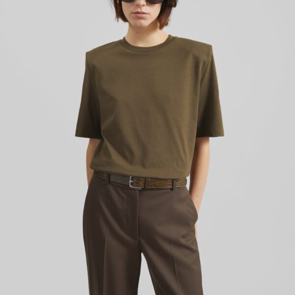 The Frankie Shop Carrington Padded Shoulder Tee - Olive - Oversized Minimalist Tops in Green - Shop at Coveti
