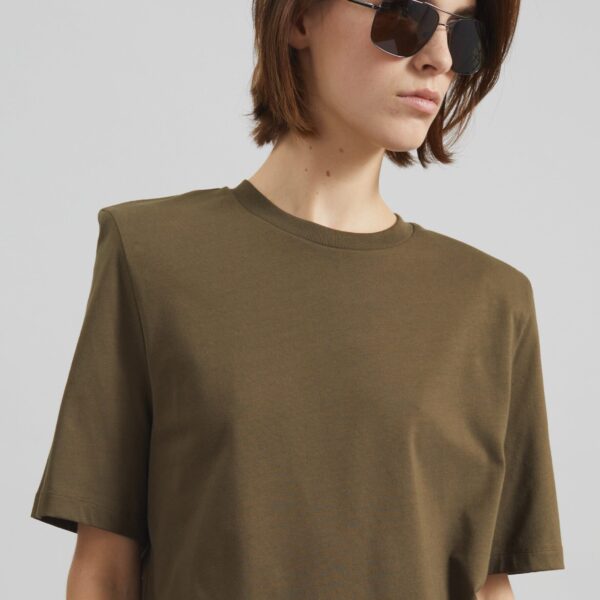The Frankie Shop Carrington Padded Shoulder Tee - Olive - Oversized Minimalist Tops in Green - Shop at Coveti