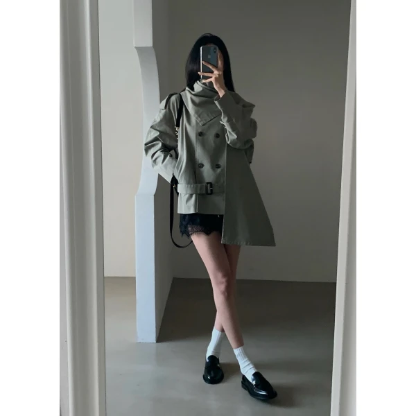 The Frankie Shop Charonne Scarf Short Trench – Sage, view 2