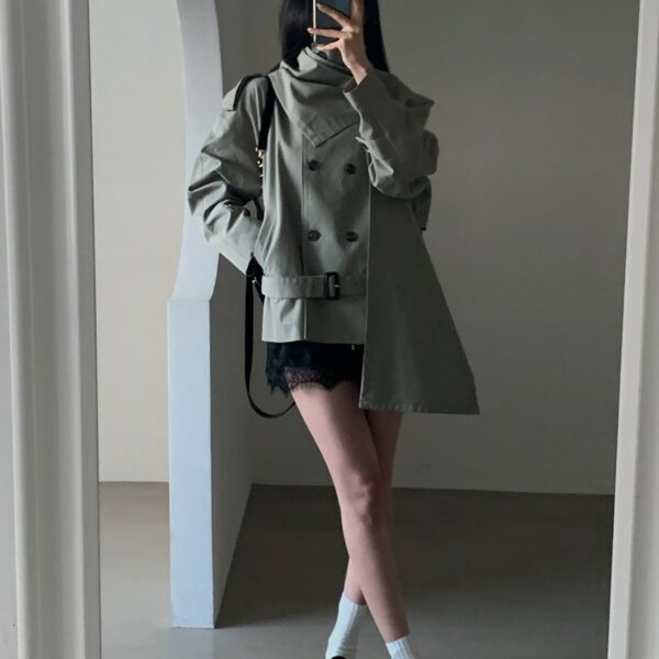The Frankie Shop Charonne Scarf Short Trench - Sage - Oversized Minimalist Coats in Green - Shop at Coveti