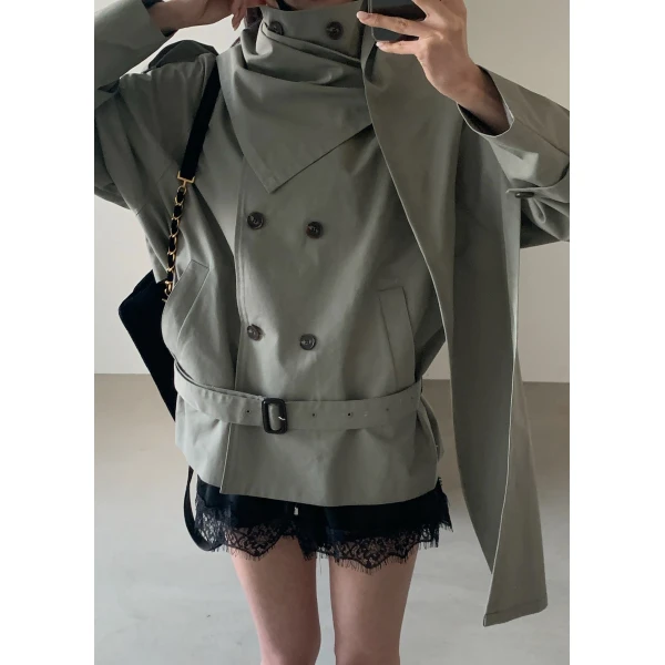 The Frankie Shop Charonne Scarf Short Trench – Sage, view 3