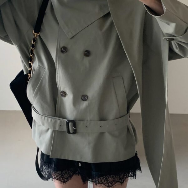 The Frankie Shop Charonne Scarf Short Trench - Sage - Oversized Minimalist Coats in Green - Shop at Coveti