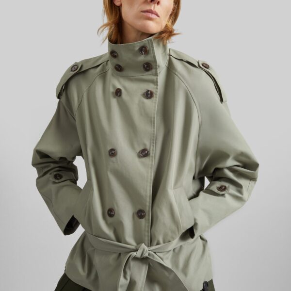 The Frankie Shop Charonne Scarf Short Trench - Sage - Oversized Minimalist Coats in Green - Shop at Coveti
