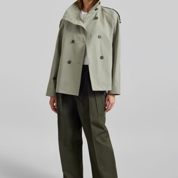 The Frankie Shop Charonne Scarf Short Trench - Sage - Oversized Minimalist Coats in Green - Shop at Coveti