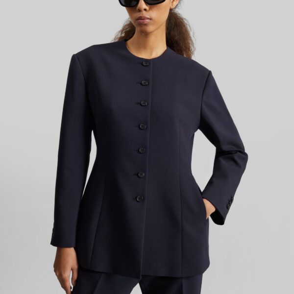 The Frankie Shop Chesnay Collarless Blazer - Navy - Oversized Minimalist Jackets in Blue - Shop at Coveti