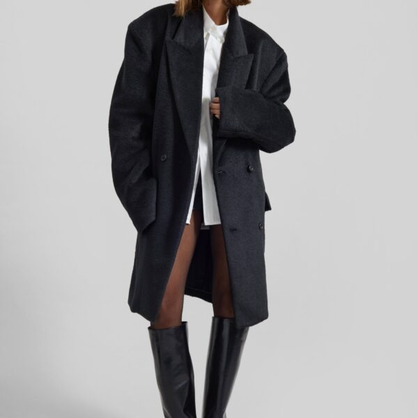The Frankie Shop Coblence Textured Wool-Blend Coat - Black - Oversized Minimalist Coats in Black - Shop at Coveti