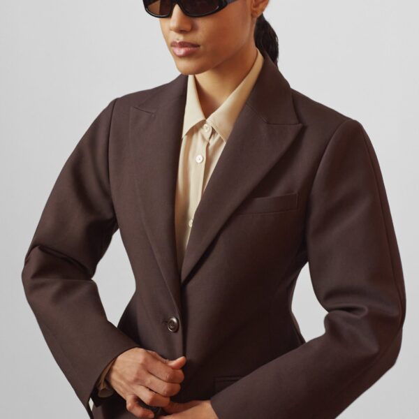The Frankie Shop Colette Hourglass Blazer - Dark Brown - Oversized Minimalist Jackets in Beige - Shop at Coveti