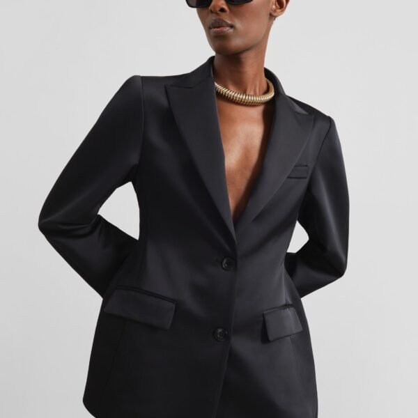 The Frankie Shop Colette Hourglass Satin Blazer - Black - Oversized Minimalist Jackets in Black - Shop at Coveti