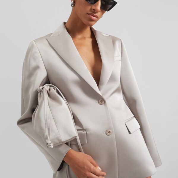 The Frankie Shop Colette Hourglass Satin Blazer - Light Taupe - Oversized Minimalist Jackets in Beige - Shop at Coveti