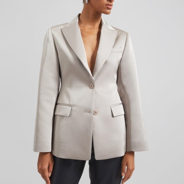 The Frankie Shop Colette Hourglass Satin Blazer - Light Taupe - Oversized Minimalist Jackets in Beige - Shop at Coveti