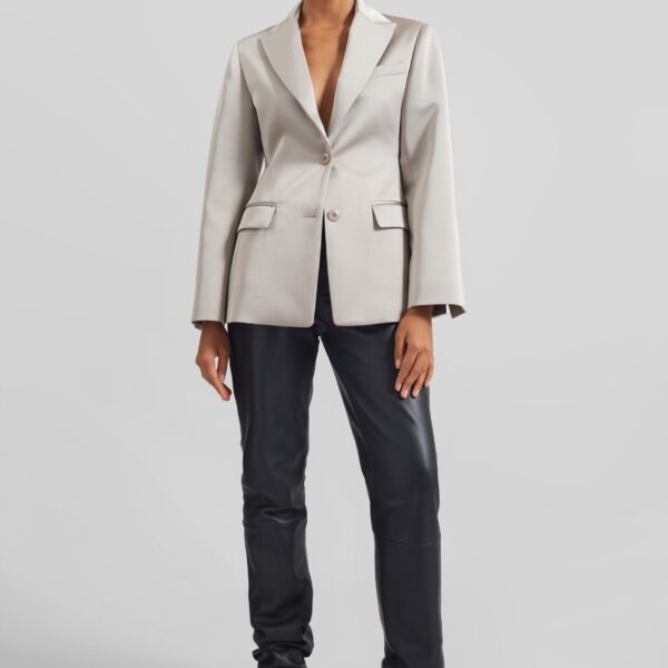 The Frankie Shop Colette Hourglass Satin Blazer - Light Taupe - Oversized Minimalist Jackets in Beige - Shop at Coveti