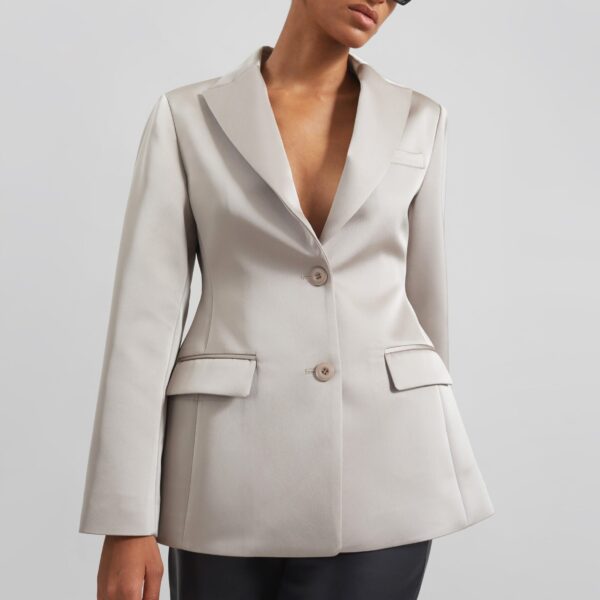 The Frankie Shop Colette Hourglass Satin Blazer - Light Taupe - Oversized Minimalist Jackets in Beige - Shop at Coveti