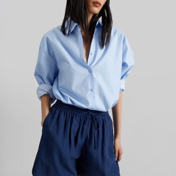 The Frankie Shop Coria Boxer Shorts - Navy Stripe - Oversized Minimalist Shorts in Multicolour - Shop at Coveti
