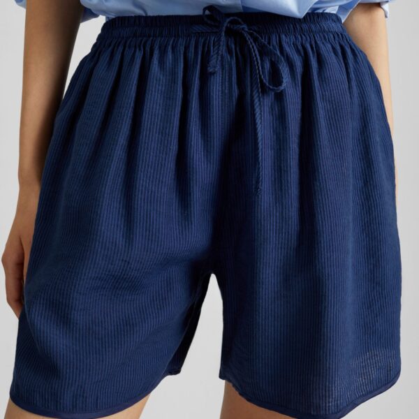 The Frankie Shop Coria Boxer Shorts - Navy Stripe - Oversized Minimalist Shorts in Multicolour - Shop at Coveti