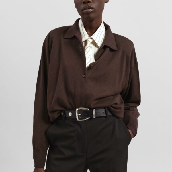 The Frankie Shop Croydon Padded Knit Polo - Brown - Oversized Minimalist Knitwear in Beige - Shop at Coveti