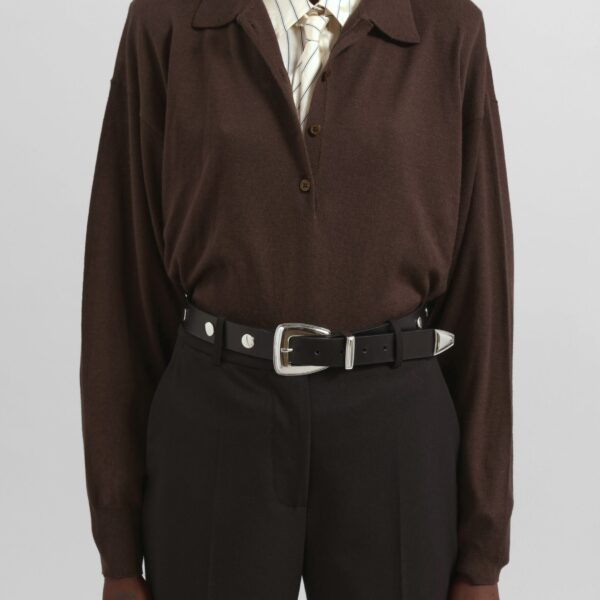 The Frankie Shop Croydon Padded Knit Polo - Brown - Oversized Minimalist Knitwear in Beige - Shop at Coveti