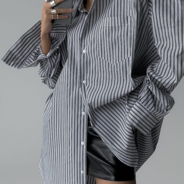 The Frankie Shop Cyrus Button Up Shirt - Black/White Stripe - Oversized Minimalist Tops in Multicolour - Shop at Coveti