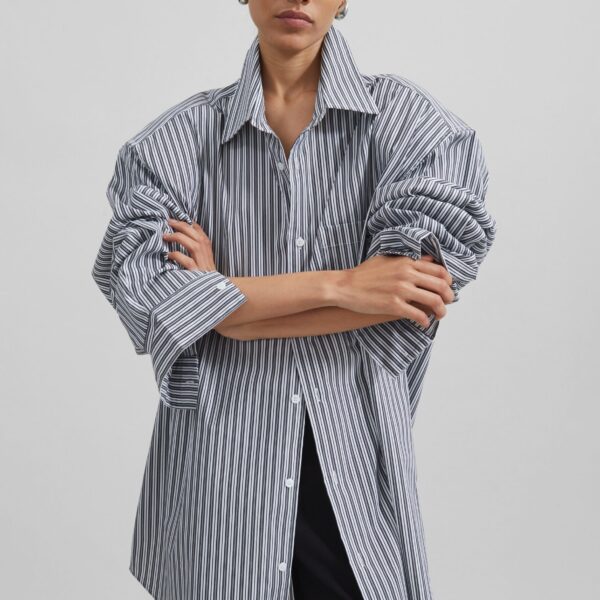 The Frankie Shop Cyrus Button Up Shirt - Black/White Stripe - Oversized Minimalist Tops in Multicolour - Shop at Coveti