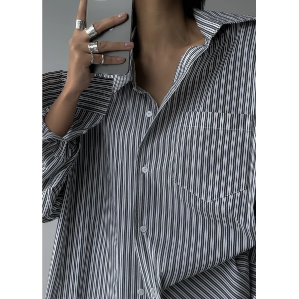 The Frankie Shop Cyrus Button Up Shirt – Black/White Stripe, view 5