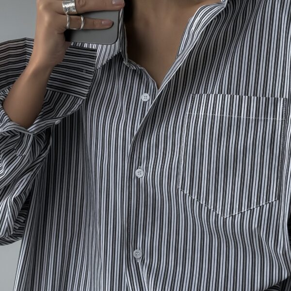 The Frankie Shop Cyrus Button Up Shirt - Black/White Stripe - Oversized Minimalist Tops in Multicolour - Shop at Coveti