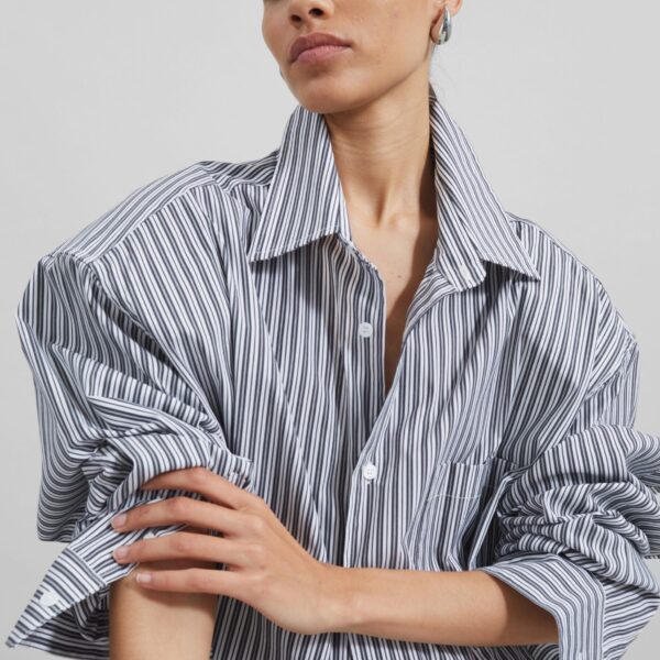 The Frankie Shop Cyrus Button Up Shirt - Black/White Stripe - Oversized Minimalist Tops in Multicolour - Shop at Coveti