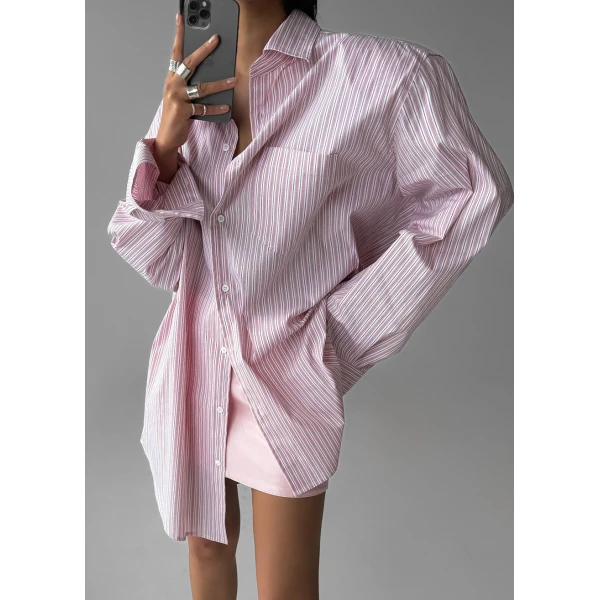 The Frankie Shop Cyrus Button Up Shirt - Pink/White Stripe - Oversized Minimalist Tops in Multicolour - Shop at Coveti