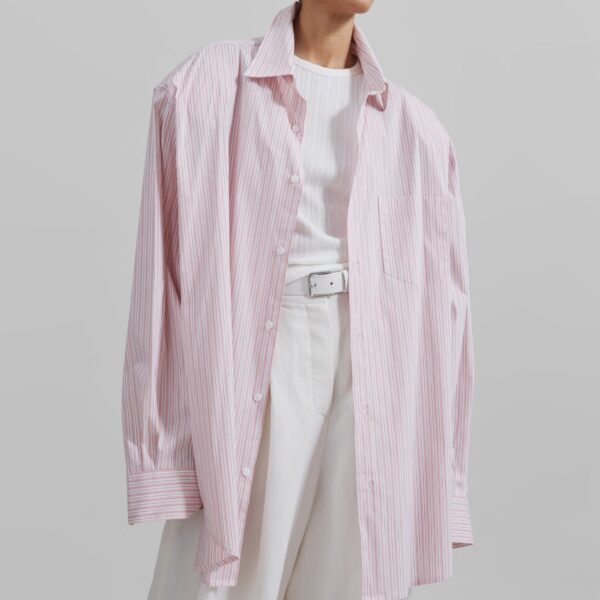 The Frankie Shop Cyrus Button Up Shirt - Pink/White Stripe - Oversized Minimalist Tops in Multicolour - Shop at Coveti