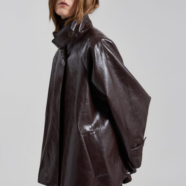 The Frankie Shop Dalaro Faux Leather Swing Jacket - Burgundy - Oversized Minimalist Jackets in Red - Shop at Coveti