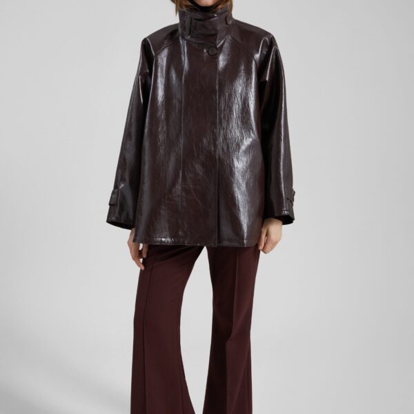 The Frankie Shop Dalaro Faux Leather Swing Jacket - Burgundy - Oversized Minimalist Jackets in Red - Shop at Coveti