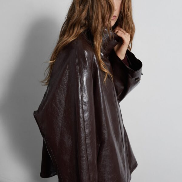 The Frankie Shop Dalaro Faux Leather Swing Jacket - Burgundy - Oversized Minimalist Jackets in Red - Shop at Coveti