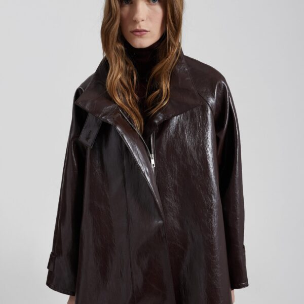 The Frankie Shop Dalaro Faux Leather Swing Jacket - Burgundy - Oversized Minimalist Jackets in Red - Shop at Coveti