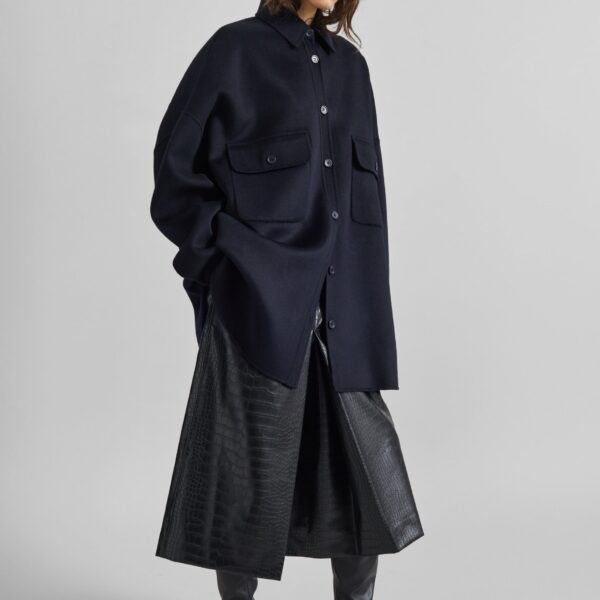 The Frankie Shop Dallas Wool Overshirt - Navy - Oversized Minimalist Tops in Blue - Shop at Coveti