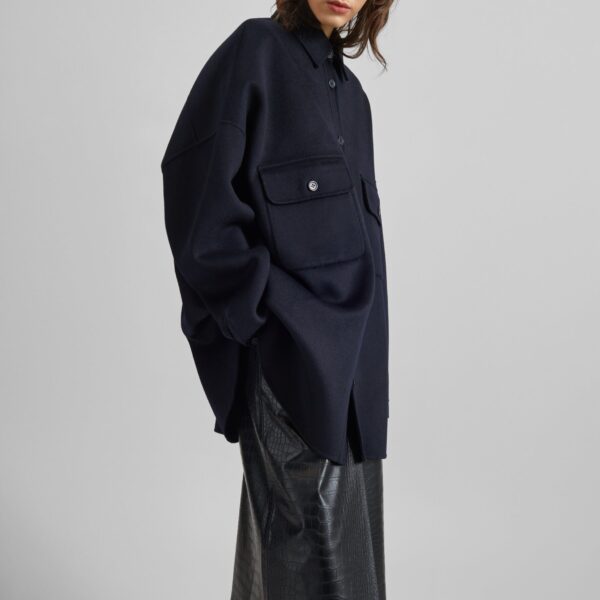 The Frankie Shop Dallas Wool Overshirt - Navy - Oversized Minimalist Tops in Blue - Shop at Coveti