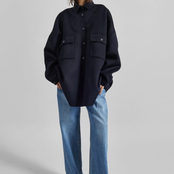 The Frankie Shop Dallas Wool Overshirt - Navy - Oversized Minimalist Tops in Blue - Shop at Coveti