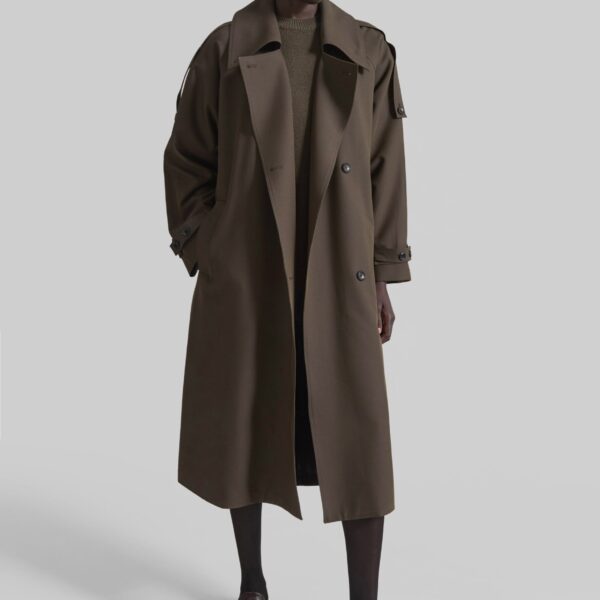 The Frankie Shop Dartford Trench Coat - Olive Brown - Oversized Minimalist Coats in Beige - Shop at Coveti