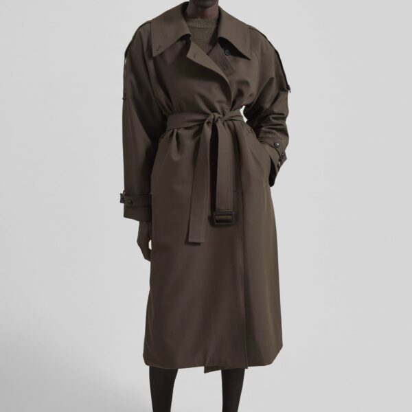 The Frankie Shop Dartford Trench Coat - Olive Brown - Oversized Minimalist Coats in Beige - Shop at Coveti