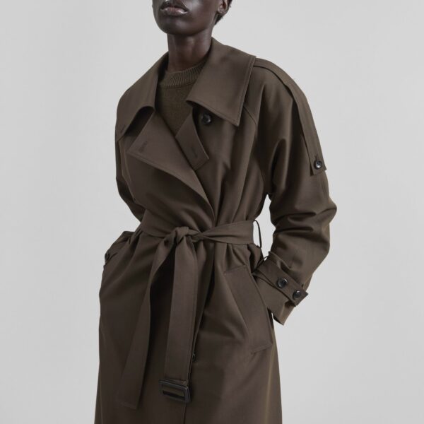The Frankie Shop Dartford Trench Coat - Olive Brown - Oversized Minimalist Coats in Beige - Shop at Coveti